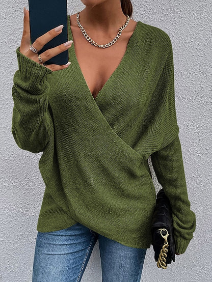 Women's Sweater Pullover Jumper Criss Cross Knitted Solid Color Stylish Casual Long Sleeve Regular Fit Sweater Cardigans V Neck Fall Winter Blue Purple Pink / Holiday / Going out