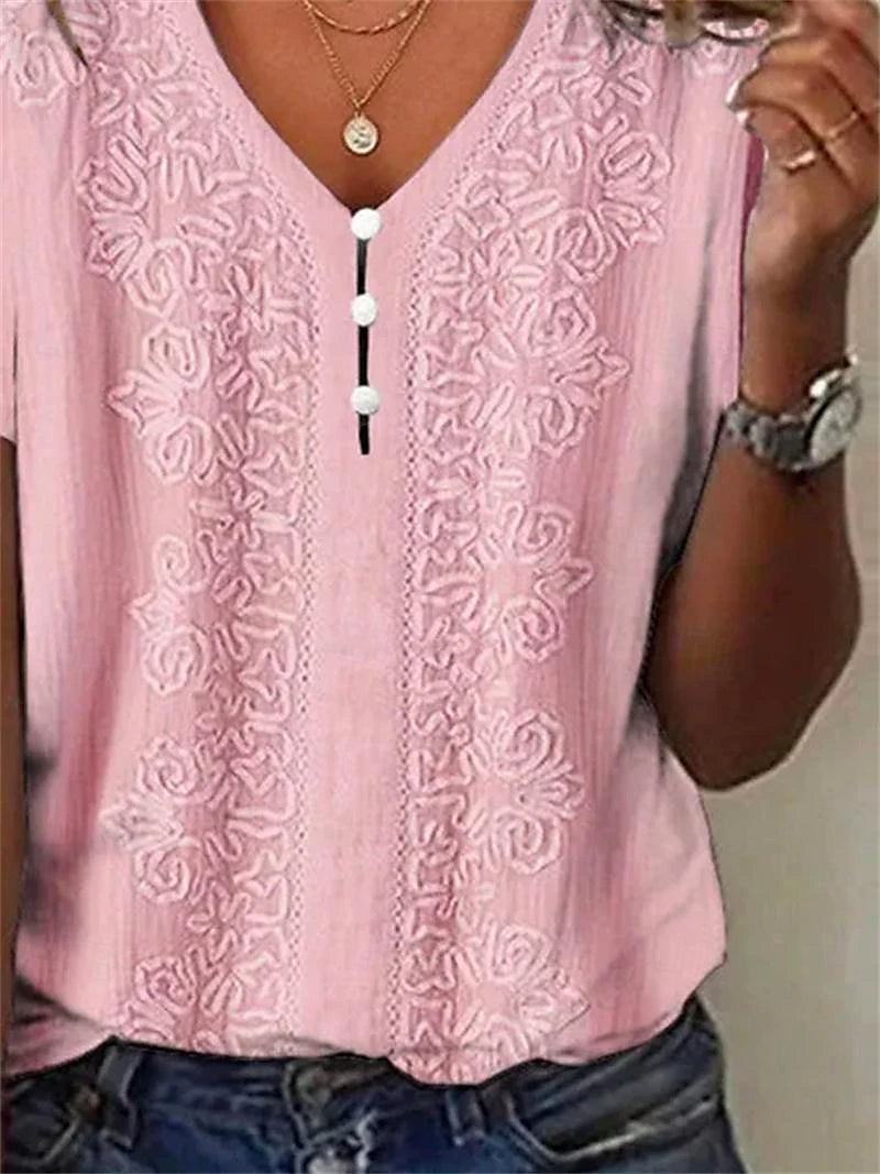 Women's T shirt Tee Henley Shirt Blouse Plain Casual Button Cut Out Pink Short Sleeve Basic V Neck