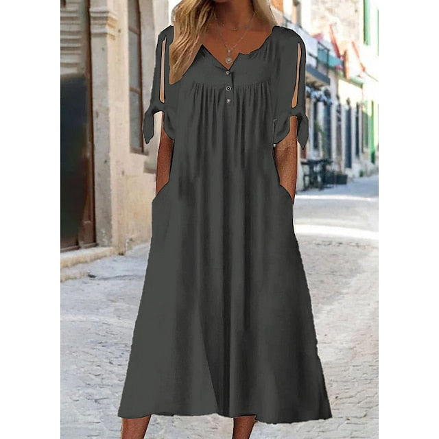 Women's White Dress Casual Dress Shift Dress V Neck Midi Dress Elegant Basic Daily Vacation Short Sleeve Summer Spring