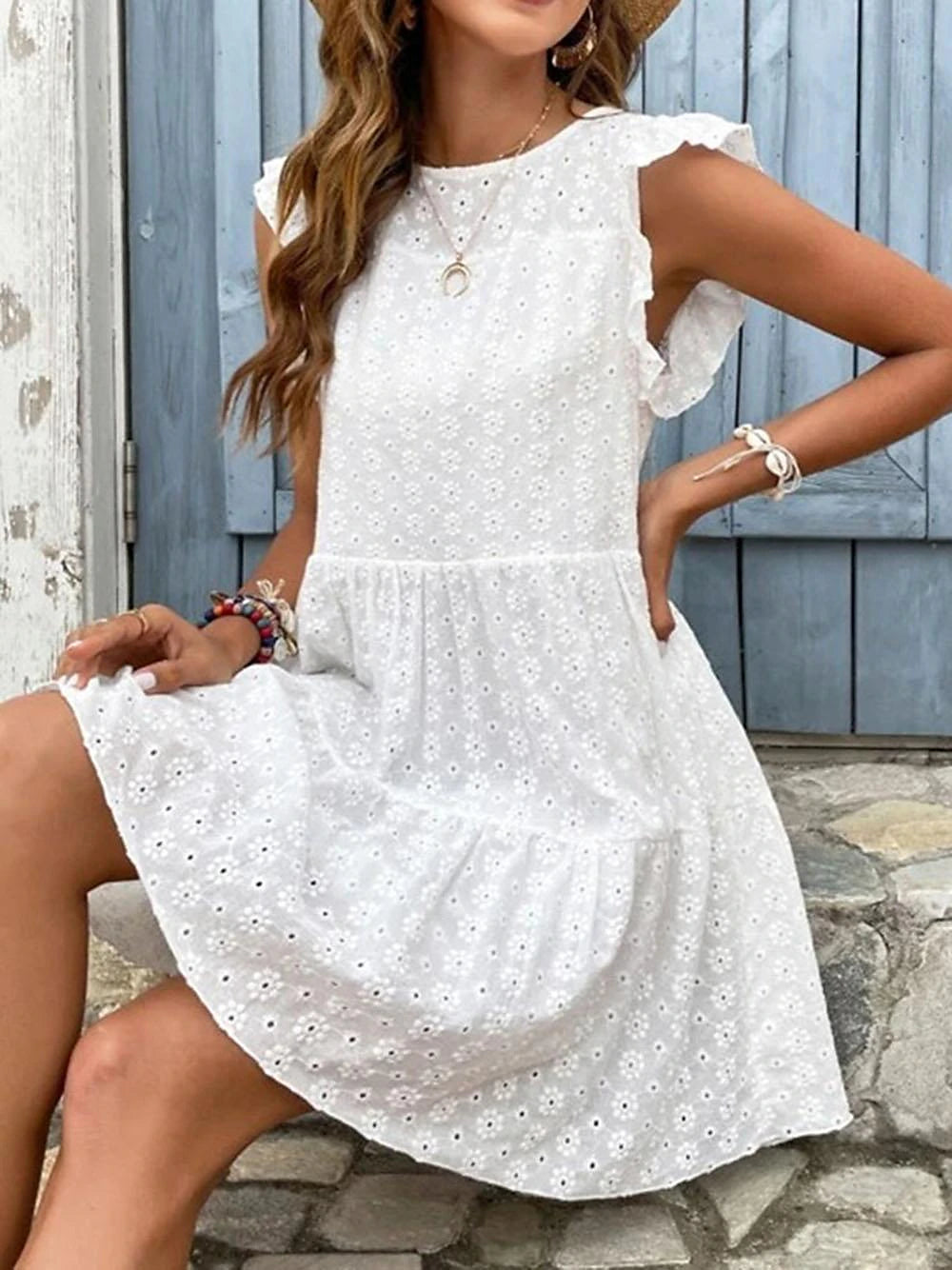 Women's White Dress Casual Dress Summer Dress Mini Dress Cotton Ruffle Date Streetwear Round Neck Sleeveless White Color