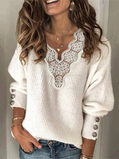 Women's Pullover Sweater Jumper V Neck Ribbed Knit Polyester Lace Trims Fall Winter Daily Going out Weekend Stylish Casual Soft Long Sleeve Solid Color Maillard White Blue S M L