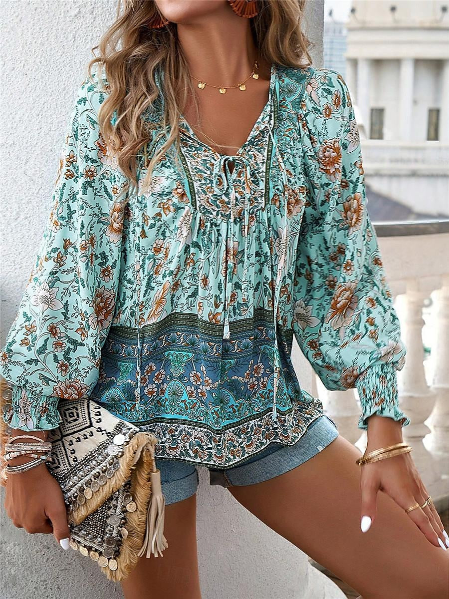 Women's Shirt Blouse Floral Vacation Beach Lace up Print Pink Long Sleeve Casual Boho V Neck Summer