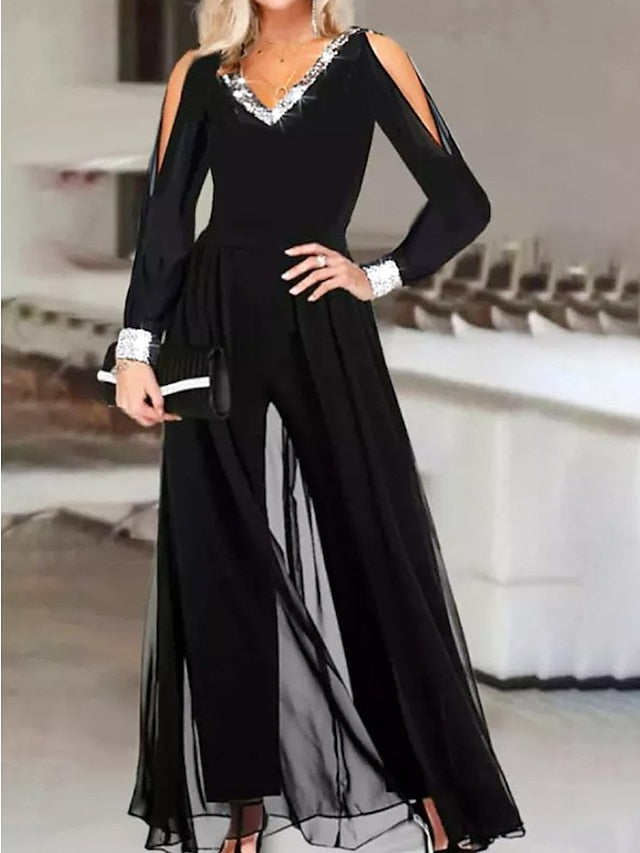 Women's Jumpsuit Solid Color V Neck Formal Party Weekend Straight Regular Fit Strap Black S M L Winter - LuckyFash™