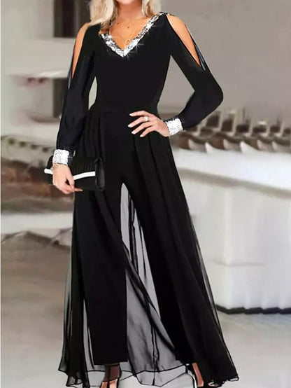 Women's Jumpsuit Solid Color V Neck Formal Party Weekend Straight Regular Fit Strap Black S M L Winter - LuckyFash™