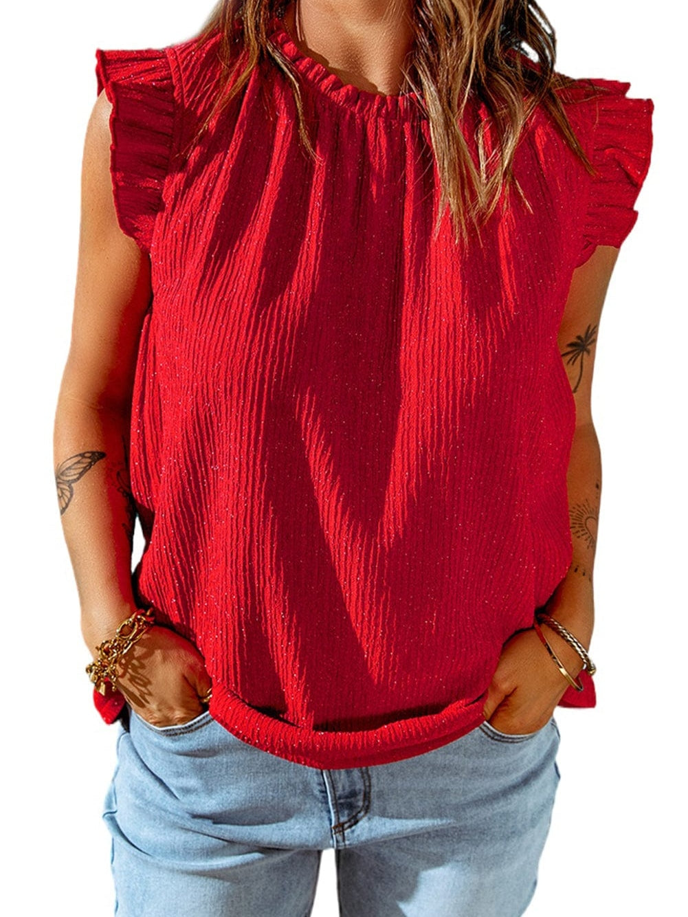 Ravishing Crimson Ruffle Ribbed Tank Top