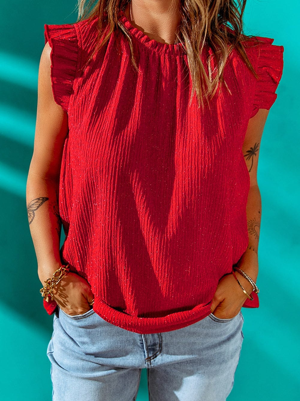 Ravishing Crimson Ruffle Ribbed Tank Top