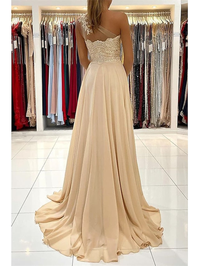 A-Line Prom Dresses Sexy Dress Formal Court Train Sleeveless One Shoulder Chiffon with Slit Appliques 2023 - LuckyFash™