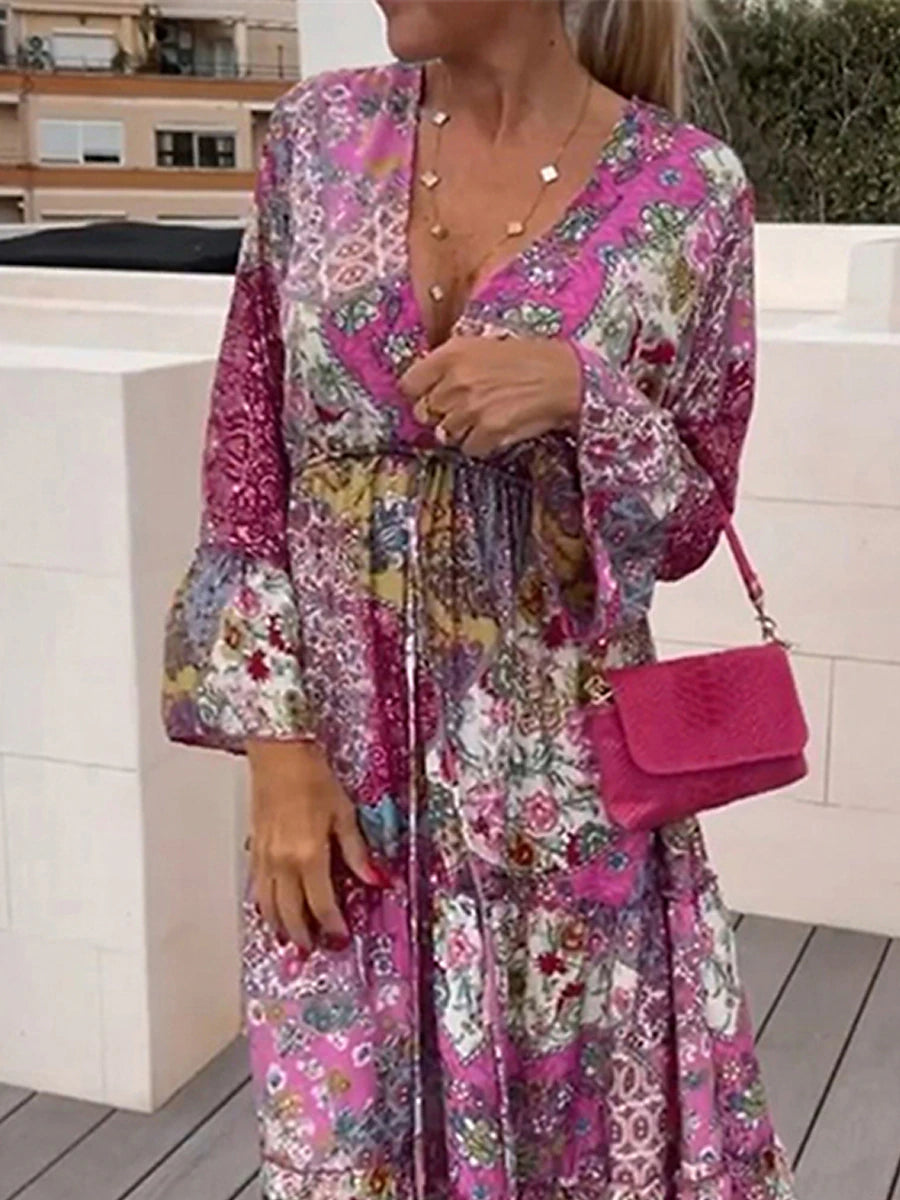 Women's Satin Dress A Line Dress Floral Print V Neck Long Dress Maxi Dress Daily Vacation Long Sleeve Summer Spring