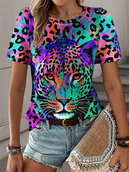 Women's T shirt Tee Leopard Daily Weekend Print Blue Short Sleeve Fashion Crew Neck Summer