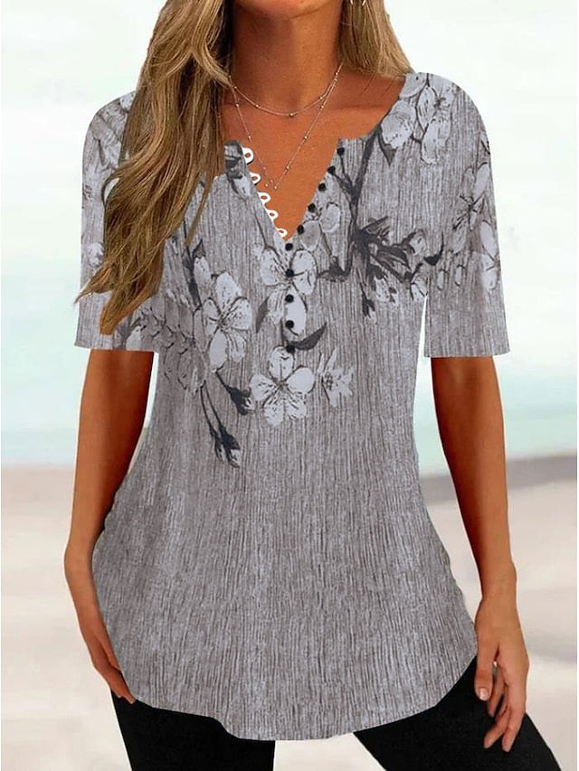 Women's T shirt Tee Henley Shirt Floral Holiday Weekend Button Print White Short Sleeve Tunic Basic Round Neck