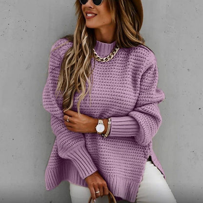 Women's Pullover Sweater Jumper Split Knitted Solid Color Stylish Basic Casual Long Sleeve Sweater Cardigans Round Neck Fall Winter Black Gray Red / Chunky / Going out / Loose