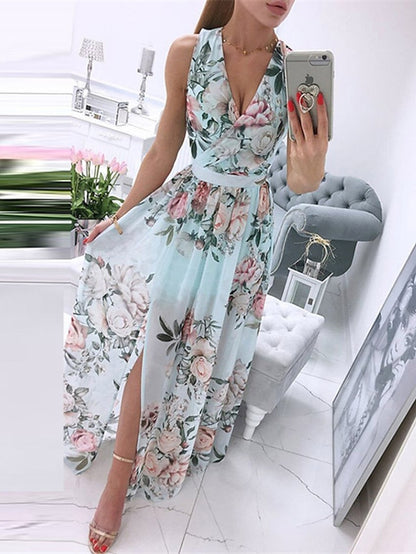 Women's Swing Dress Maxi long Dress Blue White Pink Sleeveless Floral Print Split Print Spring Summer V Neck Elegant Vacation 2022 S M L XL XXL - LuckyFash™