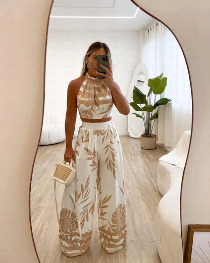 Women's Two Piece Dress Set Casual Dress Print Dress Date Vacation Casual Boho Print Long Dress Maxi Dress Halter Neck Sleeveless Tree Regular Fit Black Khaki Summer Spring S M L XL