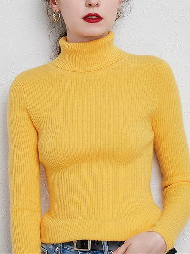 Women's Pullover Sweater Jumper Turtleneck Ribbed Knit Polyester Oversized Fall Winter Daily Holiday Going out Stylish Casual Soft Long Sleeve Solid Color Rust Red Pink purple Red bean paste S M L