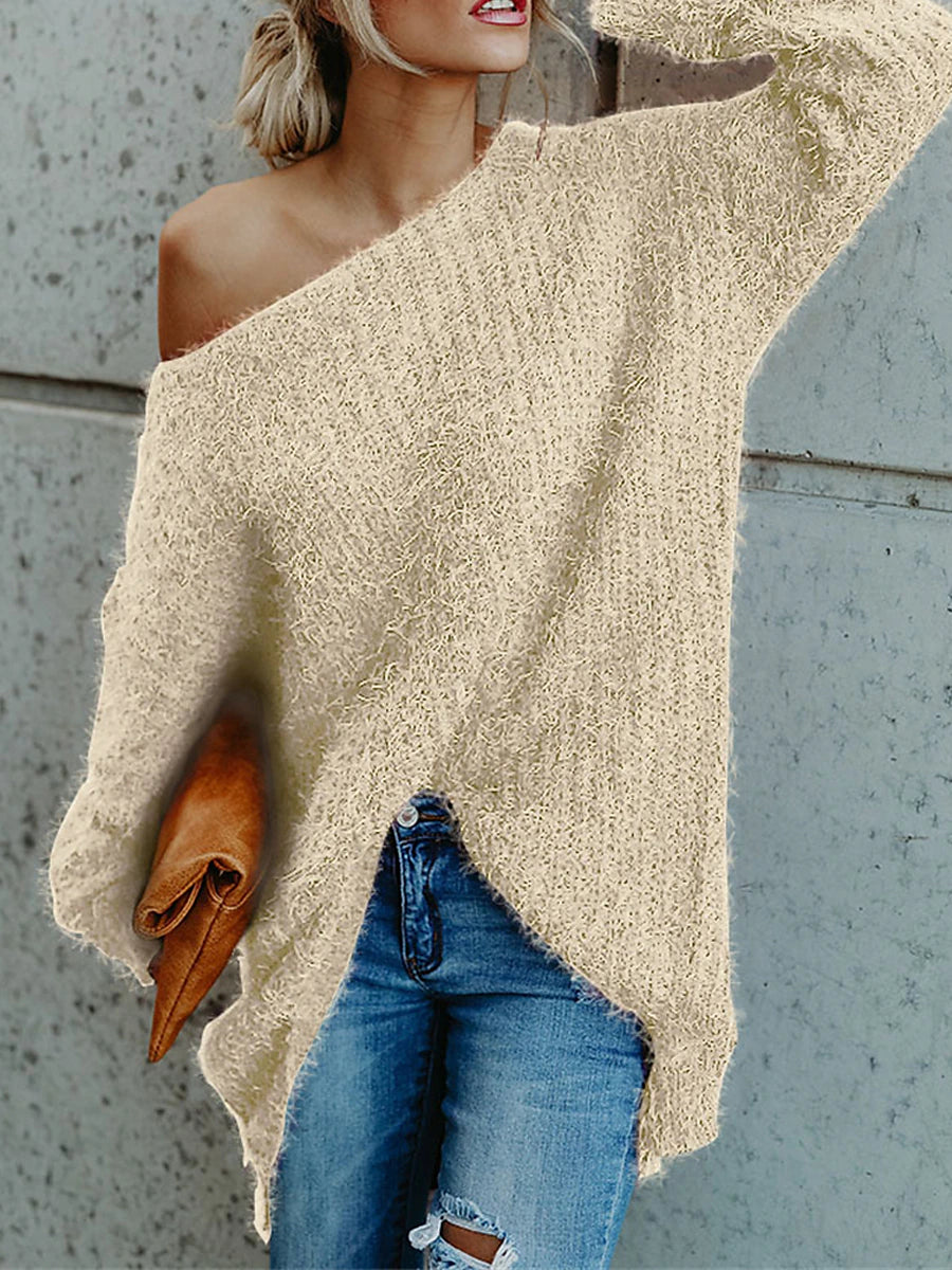 Women's Pullover Sweater Jumper One Shoulder Ribbed Knit Polyester Cold Shoulder Fall Winter Short Daily Going out Weekend Stylish Casual Soft Long Sleeve Solid Color Pink Navy Blue Beige XS S M