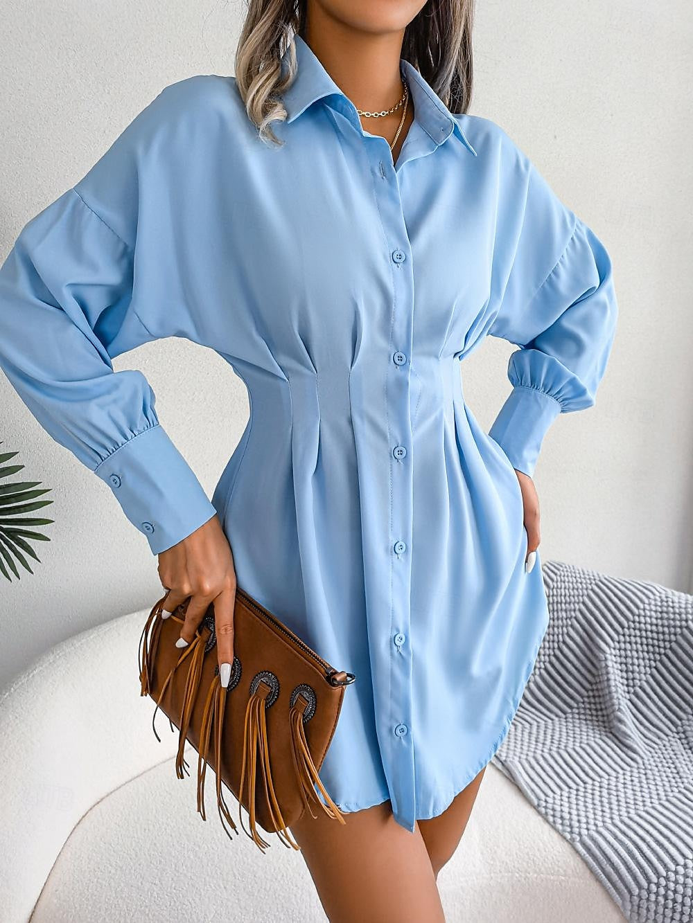 Women's Shirt Dress Plain Dress Mini Dress Button Vacation Streetwear Maxi Shirt Collar Long Sleeve White Blue Army Green Color