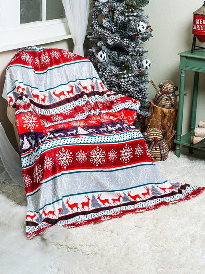 Cozy Red Christmas Elk Print Sherpa Fleece Throw Blanket
