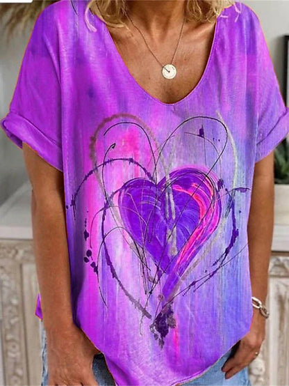 Women's T shirt Tee Heart Valentine Weekend Print Red Long Sleeve Fashion V Neck Spring &  Fall