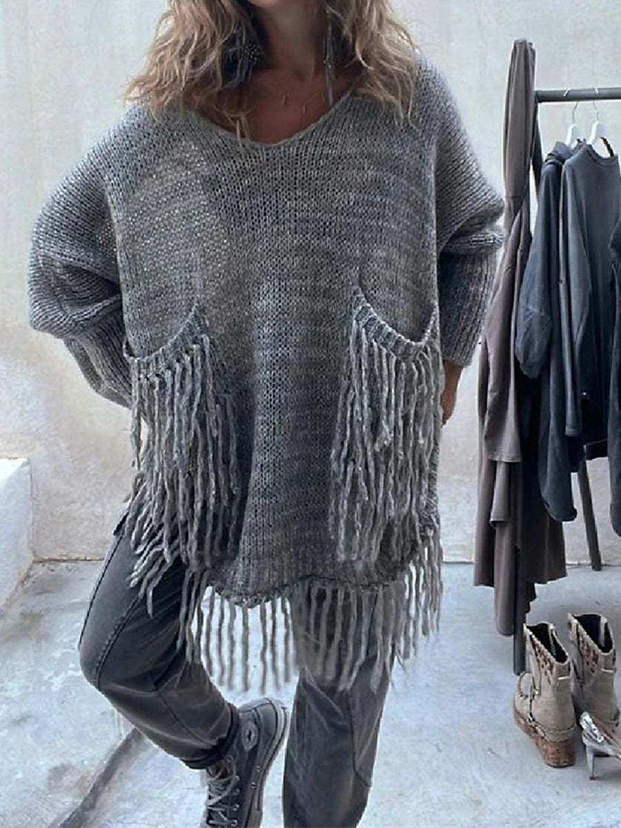 Women's Pullover Sweater Jumper Crew Neck Ribbed Knit Polyester Pocket Tassel Knitted Fall Winter Long Outdoor Daily Going out Fashion Streetwear Casual Long Sleeve Solid Color Camel Green Grey S / M