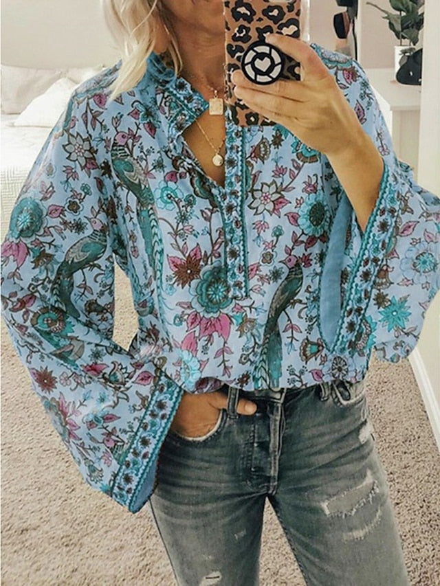 Women's Shirt Blouse Yellow Pink Dusty Rose Graphic Floral Button Print Long Sleeve Daily Holiday Vintage Boho Streetwear Round Neck Regular Boho S