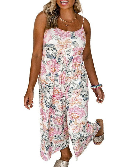 Retro Print Casual Wide-Leg Jumpsuit - Bare - Spaghetti Strap - U-Shape - Scoop