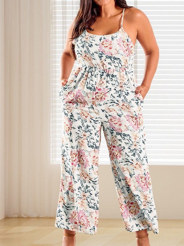 Retro Print Casual Wide-Leg Jumpsuit - Bare - Spaghetti Strap - U-Shape - Scoop