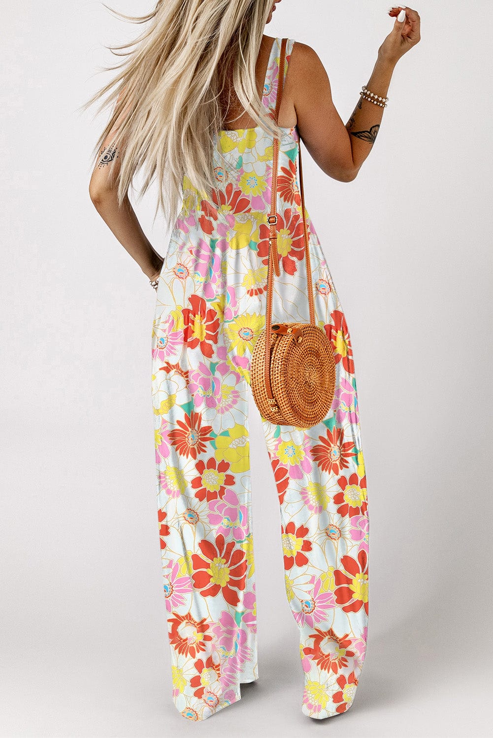 Retro Print Casual Wide-Leg Jumpsuit - Bare - Spaghetti Strap - U-Shape - Scoop