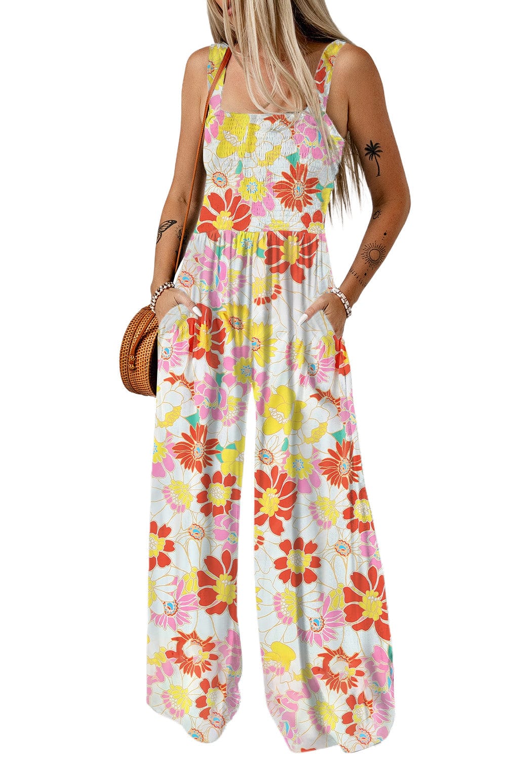 Retro Print Casual Wide-Leg Jumpsuit - Bare - Spaghetti Strap - U-Shape - Scoop