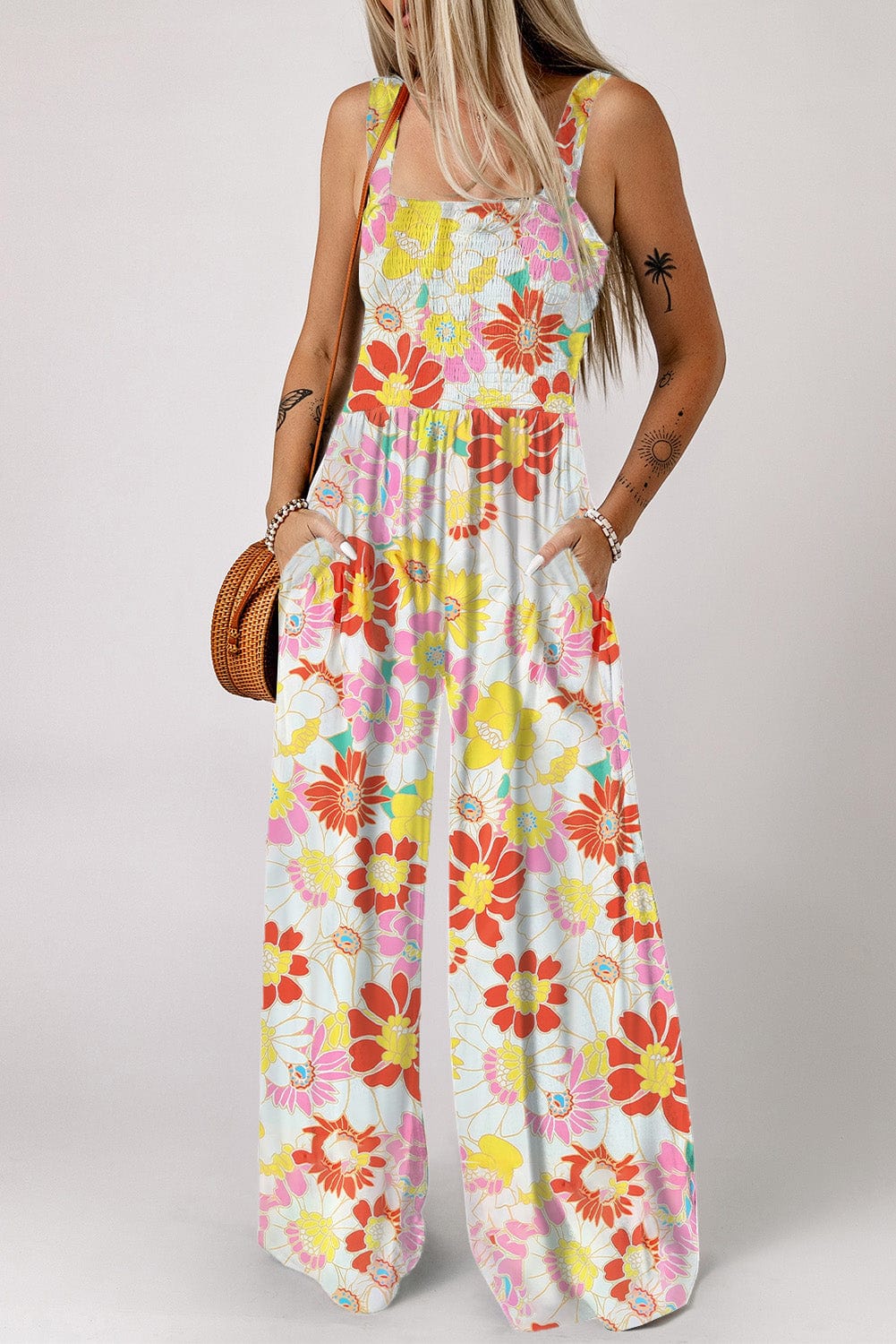 Retro Print Casual Wide-Leg Jumpsuit - Bare - Spaghetti Strap - U-Shape - Scoop