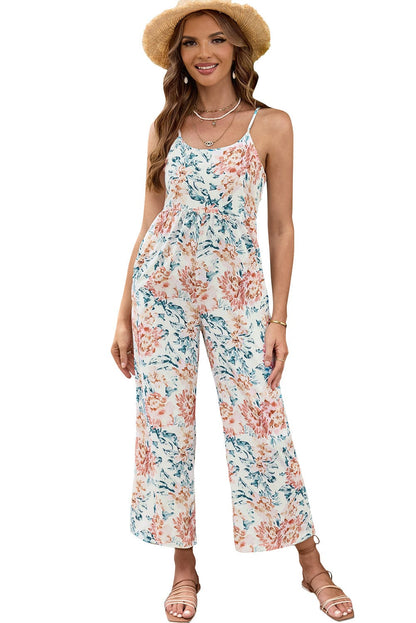 Retro Print Casual Wide-Leg Jumpsuit - Bare - Spaghetti Strap - U-Shape - Scoop