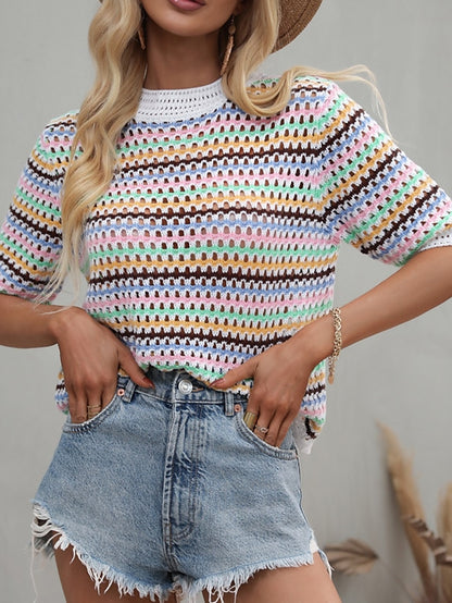 Women's Pullover Sweater jumper Jumper Crochet Knit Knitted Hole Rainbow Crew Neck Stylish Casual Outdoor Home Spring Summer Green Blue S M L / Striped / Regular Fit - LuckyFash™