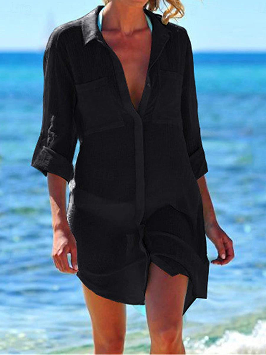 Women's White Dress Shirt Dress Cover Up Mini Dress Button Vacation Beach Basic Shirt Collar Long Sleeve Black White Navy Blue Color