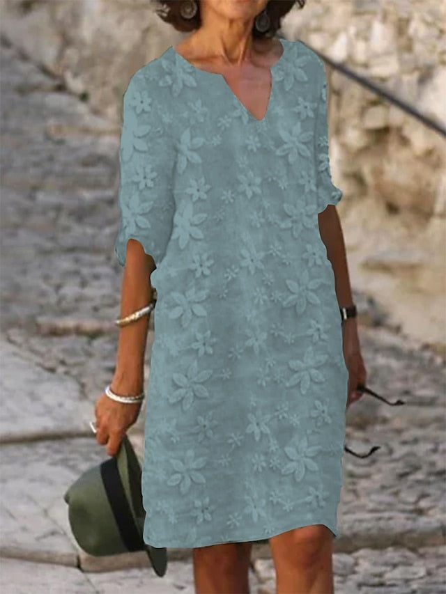 Women's Cotton Linen Dress Casual Dress Shift Dress Midi Dress Cotton Fashion Modern Outdoor Daily Vacation V Neck Print Half Sleeve Summer Spring 2023 Loose Fit White Blue Green Flower S M L XL 2XL - LuckyFash™