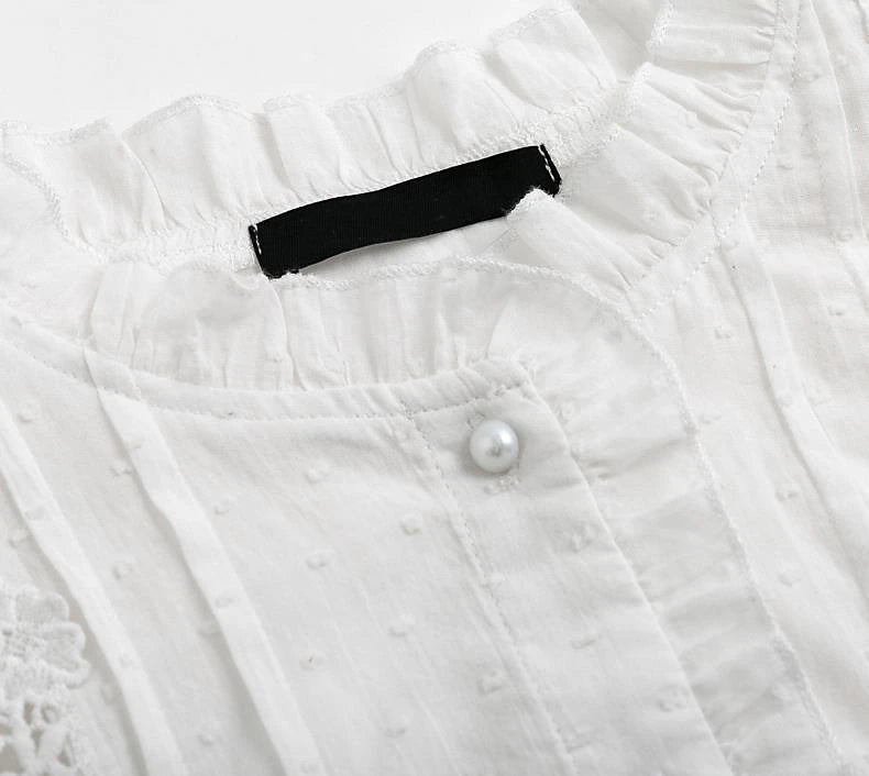 Women's Shirt Lace Shirt Blouse Eyelet top Plain Daily Weekend Lace Patchwork Button White Long Sleeve Elegant Vintage Fashion Standing Collar Spring Fall