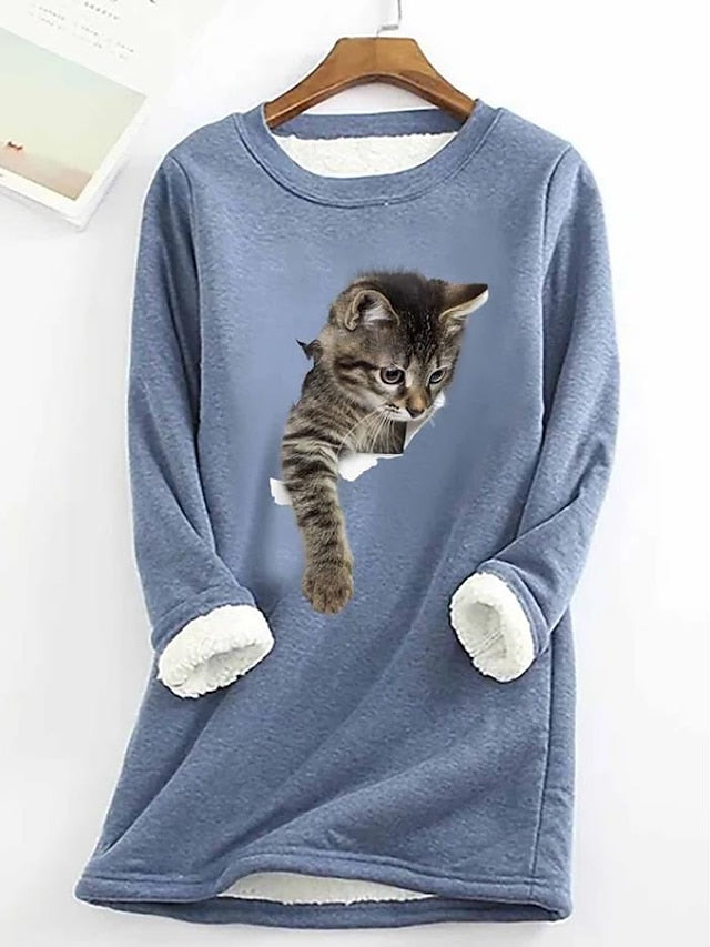 Women's Sweatshirt Pullover Sherpa Fleece Teddy Denim Blue Black White Cat Street Round Neck Plus Size Long Sleeve - LuckyFash™