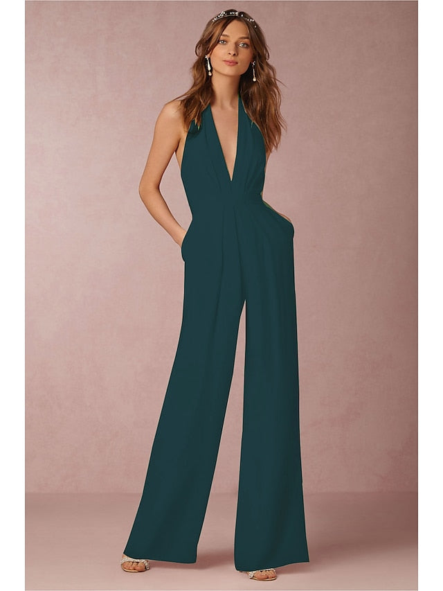 Jumpsuits for Women Sexy Neck Deep V Wide Leg Clean Fit Elegant Party Wedding Holiday Halter  Green White Black  Solid Color Backless Zipper - LuckyFash™