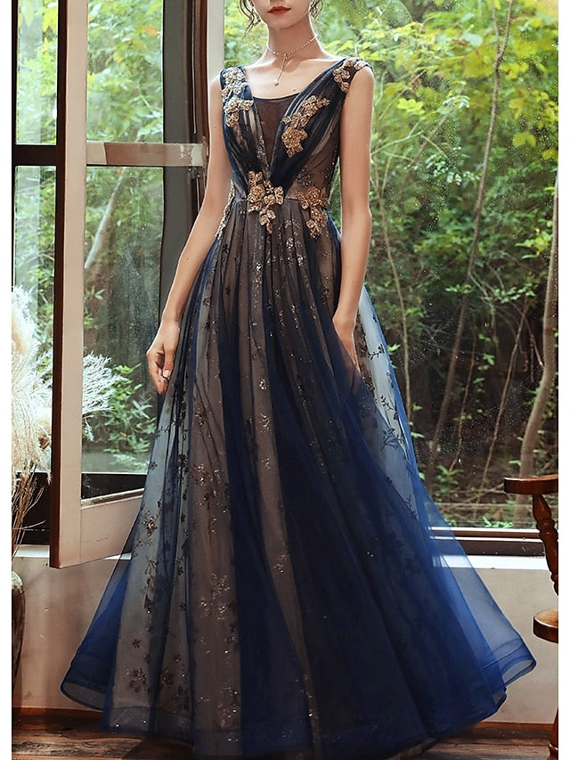 A-Line Prom Dresses Glittering Dress Evening Party Floor Length Sleeveless Scoop Neck Organza with Sequin 2023 - LuckyFash™