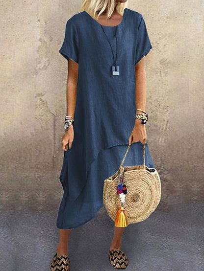 Women's Casual Dress Cotton Linen Dress A Line Dress Midi Dress Cotton Blend Basic Modern Outdoor Daily Crew Neck Ruffle Layered Short Sleeve Summer Spring 2023 Loose Fit Blue Green Gray Plain S M L - LuckyFash™
