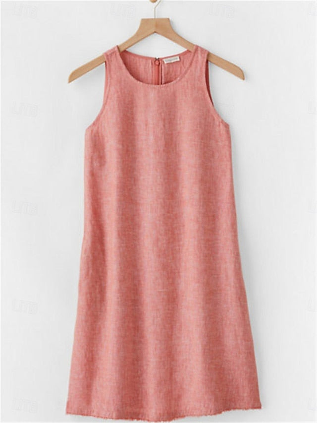 Women's White Dress Casual Dress Tank Dress Midi Dress Linen Pocket Vacation Basic Crew Neck Sleeveless White Pink Burgundy Color