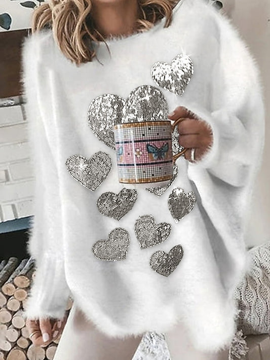 Women's Pullover Sweater Jumper Crew Neck Fuzzy Knit Cotton Blend Glitter Oversized Fall Winter Regular Daily Weekend Casual Long Sleeve Solid Color White Pink S M L