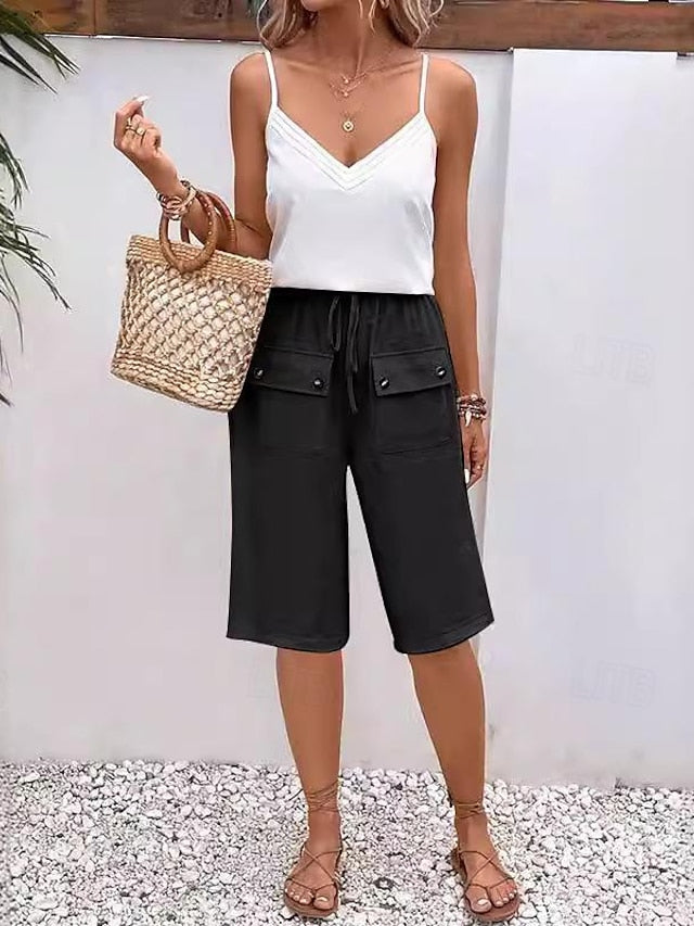 Women's Shorts Linen Cotton Blend Plain Black Navy Blue Casual Daily Knee Length Weekend Summer