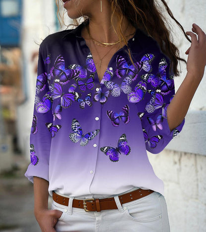 Women's Shirt Blouse Pink Blue Purple Animal Butterfly Button Print Long Sleeve Holiday Weekend Streetwear Casual Shirt Collar Regular Butterfly S