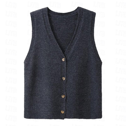 Women's Sweater Vest V Neck Ribbed Knit Polyester Knit Button Summer Fall Daily Holiday Going out Stylish Casual Soft Sleeveless Pure Color Black Khaki Beige One-Size