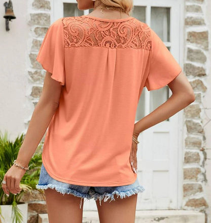 Women's T shirt Tee Daily Vacation Going out Lace Flutter Sleeve White Short Sleeve Elegant Bohemia Fashion Crew Neck Summer