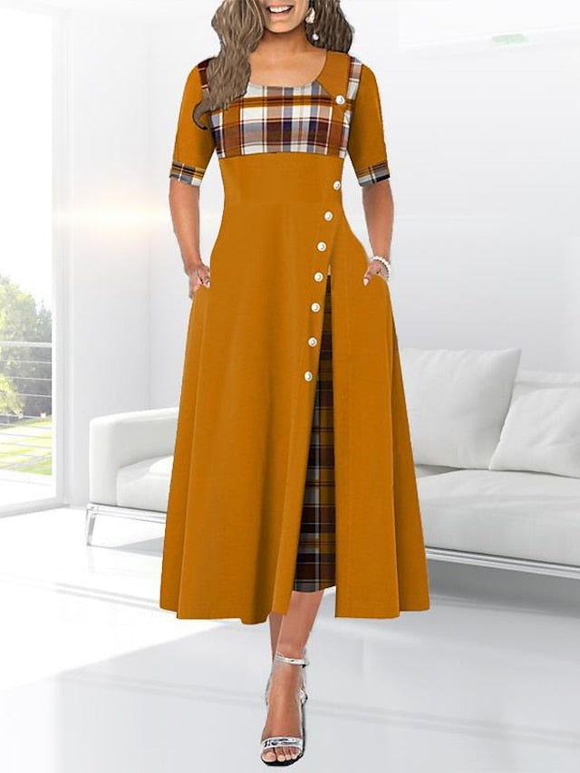 Women's Work Dress Swing Dress Plaid Dress Midi Dress Black Yellow Wine Half Sleeve Plaid Patchwork Summer Spring Crew Neck Modern Winter Dress Office Birthday 2023 S M L XL XXL 3XL 4XL 5XL - LuckyFash™