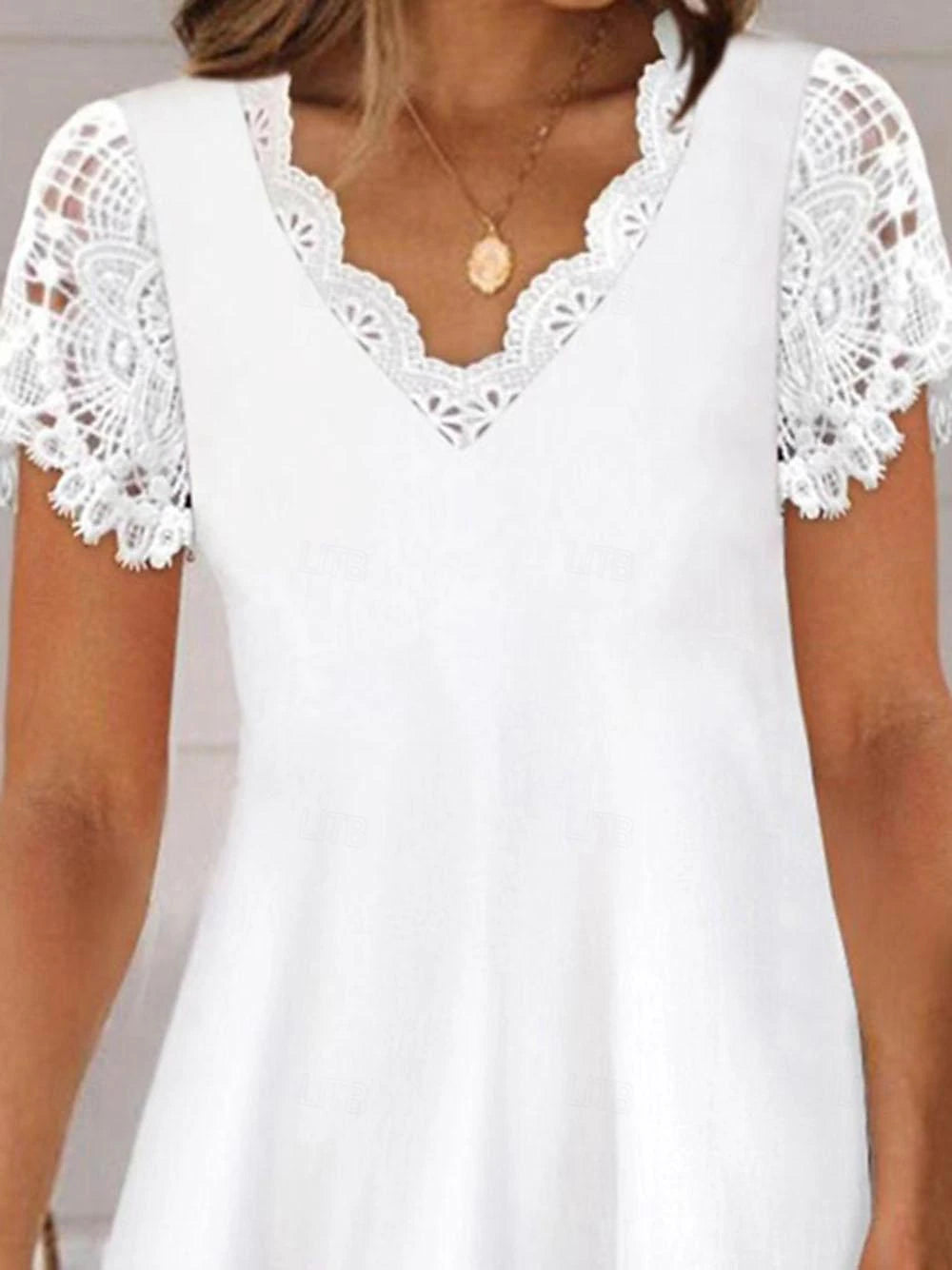 Women's White Lace Wedding Dress Mini Dress Cotton with Sleeve Date Streetwear V Neck Short Sleeve White Color