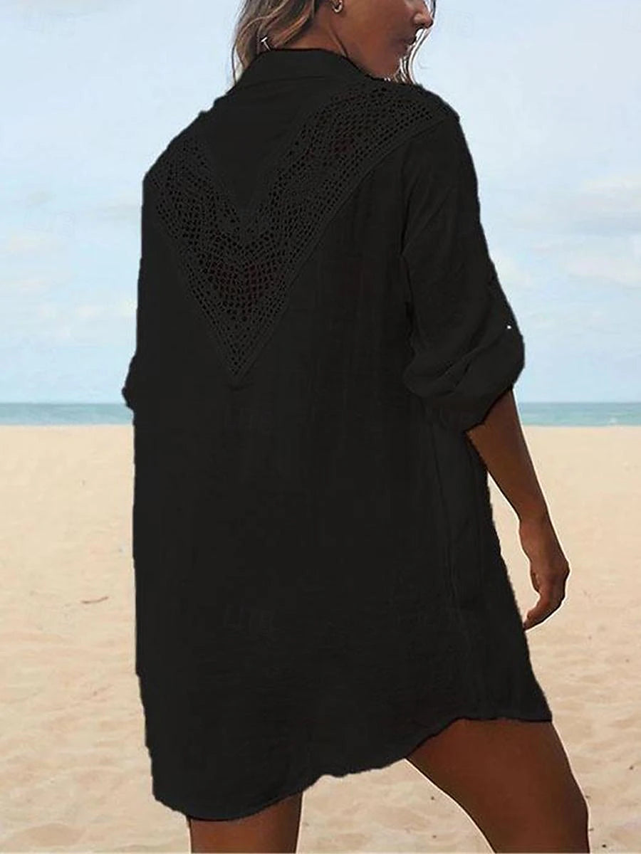 Women's White Dress Shirt Dress Cover Up Mini Dress Cotton Patchwork Button Vacation Beach Hawaiian Shirt Collar Long Sleeve Black White Color