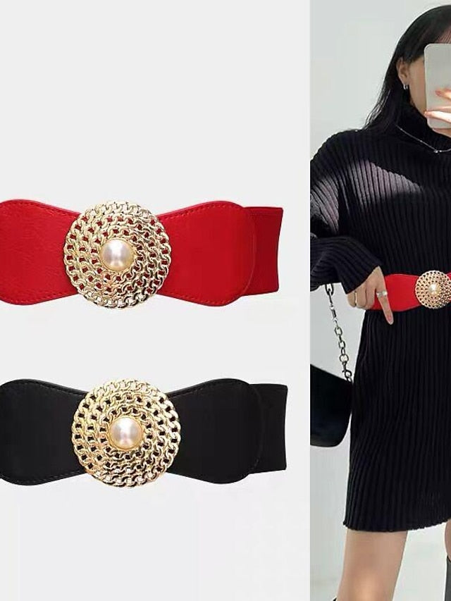 round buckle chain elastic elastic girdle female outer suit dress pearl disc black retro belt - LuckyFash™
