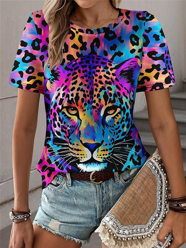 Women's T shirt Tee Leopard Daily Weekend Print Blue Short Sleeve Fashion Crew Neck Summer