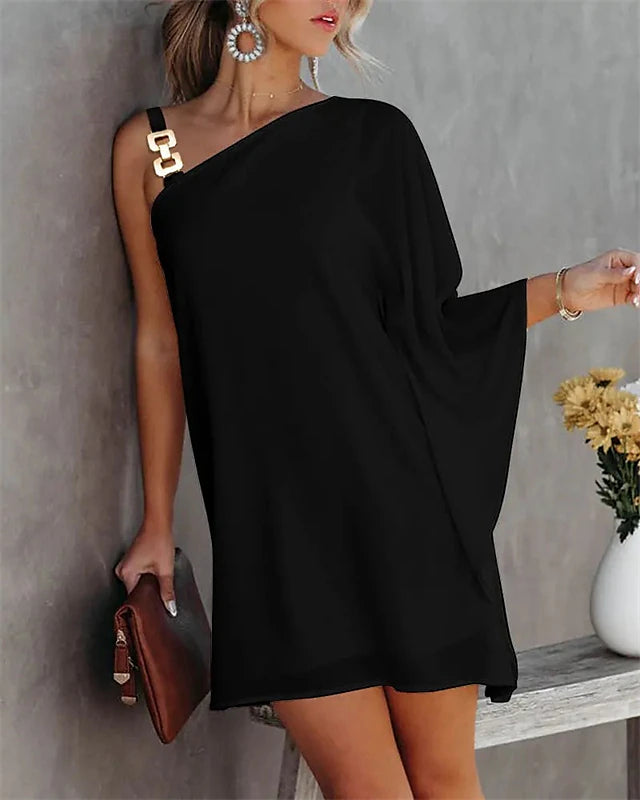 Women‘s Shift Dress Mini Dress Black White Fuchsia Long Sleeve Pure Color Cold Shoulder Summer Spring Fall One Shoulder Fashion Summer Dress Weekend Loose Fit 2023 S M L XL XXL